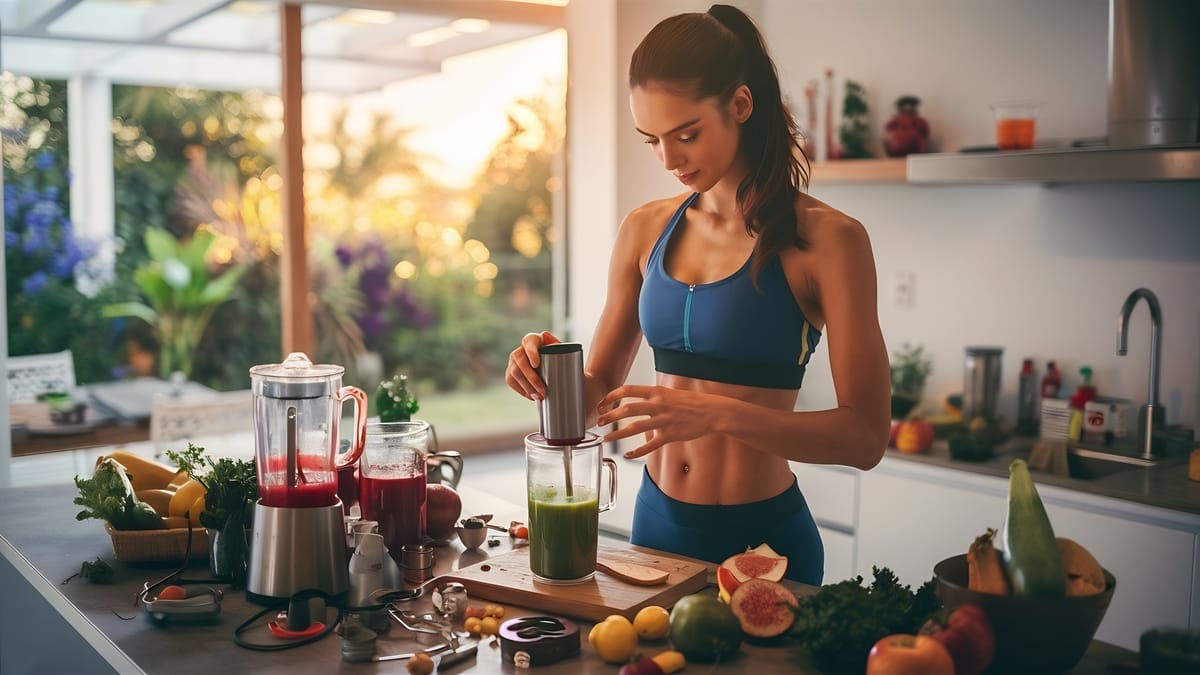 Mulher em pé na frente de um liquidificador, que contém um líquido verde.