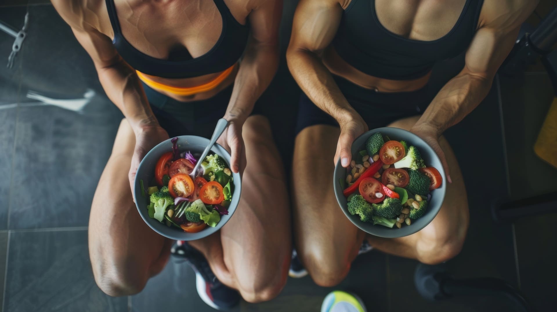 Duas mulheres fitness, vestindo roupas esportivas, estão sentadas lado a lado em um ambiente de academia, segurando tigelas de salada fresca e colorida. As tigelas contêm uma variedade de vegetais saudáveis, como brócolis, tomates, pimentões e folhas verdes. A imagem ilustra a importância da nutrição balanceada para mulheres atletas, destacando a relação entre alimentação saudável e desempenho físico. Palavras-chave: nutrição esportiva, alimentação saudável, dieta equilibrada, mulheres atletas, vegetais frescos, estilo de vida fitness.